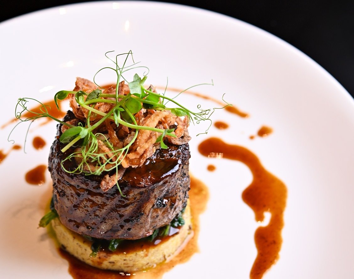 Beef Fillet with Kale “Ripassato”, Truffle, and Polenta Cake